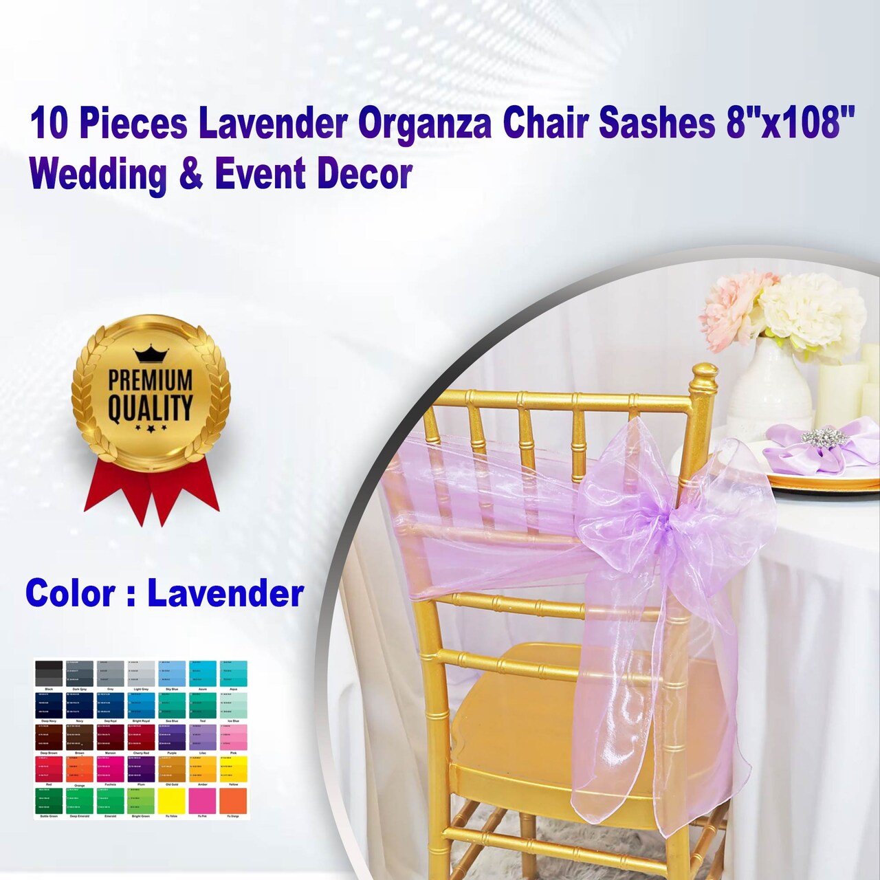 10 Pieces Lavender Organza Chair Sashes 8"x108" Wedding & Event Decor